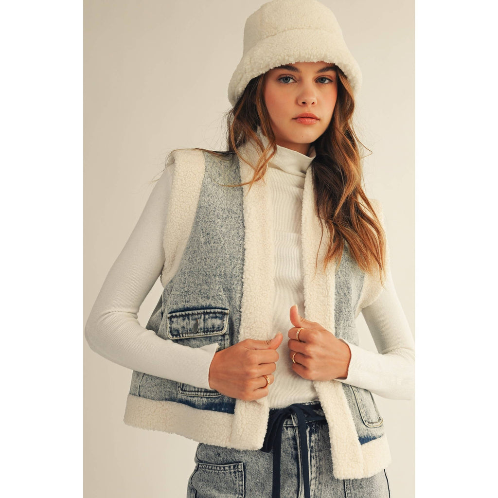 Washed Vintage Denim Fleece Vest