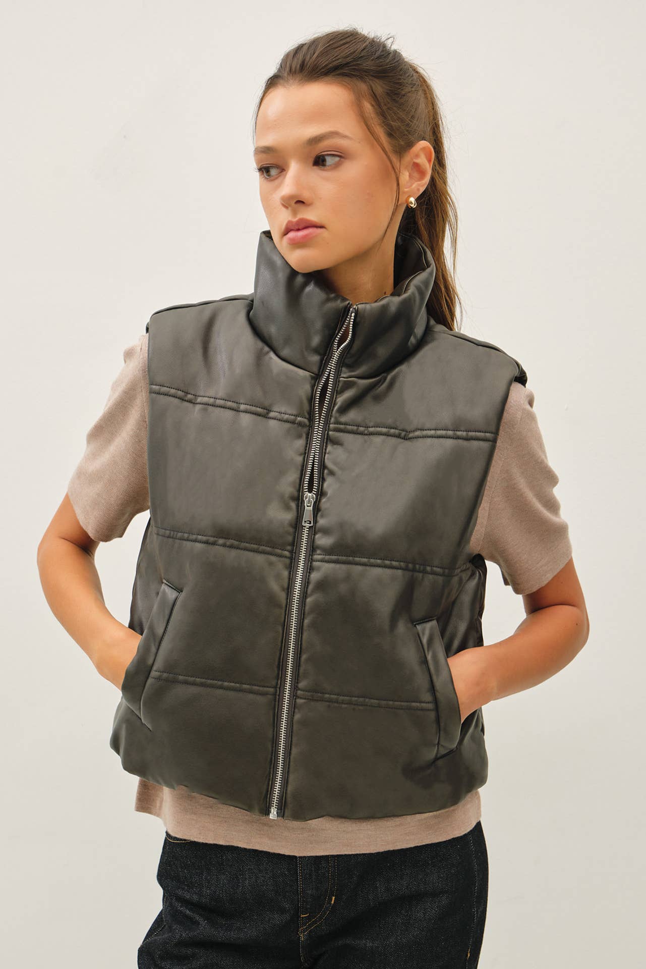 Women’s Cropped Faux Leather Puffer Vest