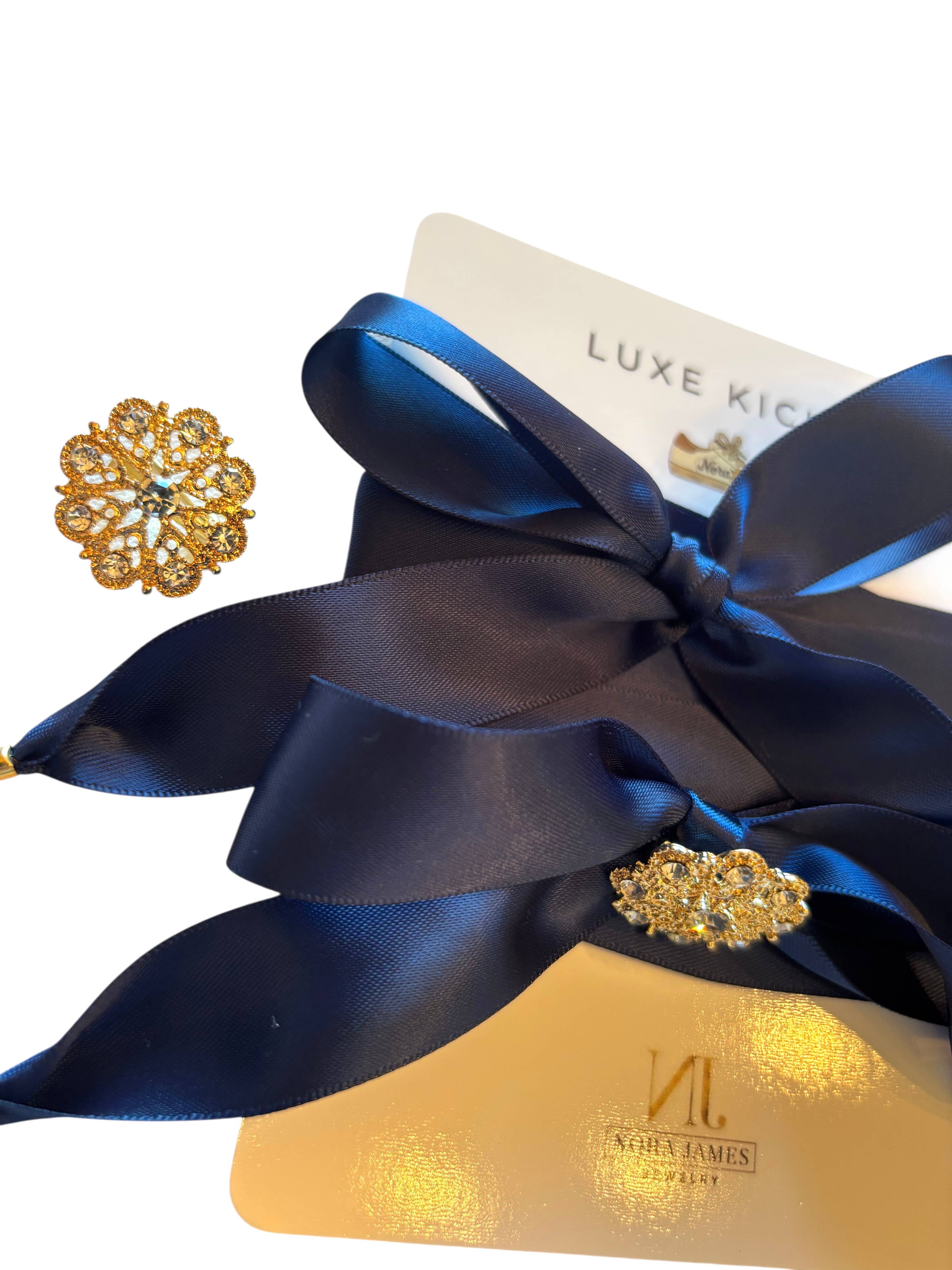 Luxe Kicks Ribbon Shoelaces with Rhinestone Brooch - Navy Crush