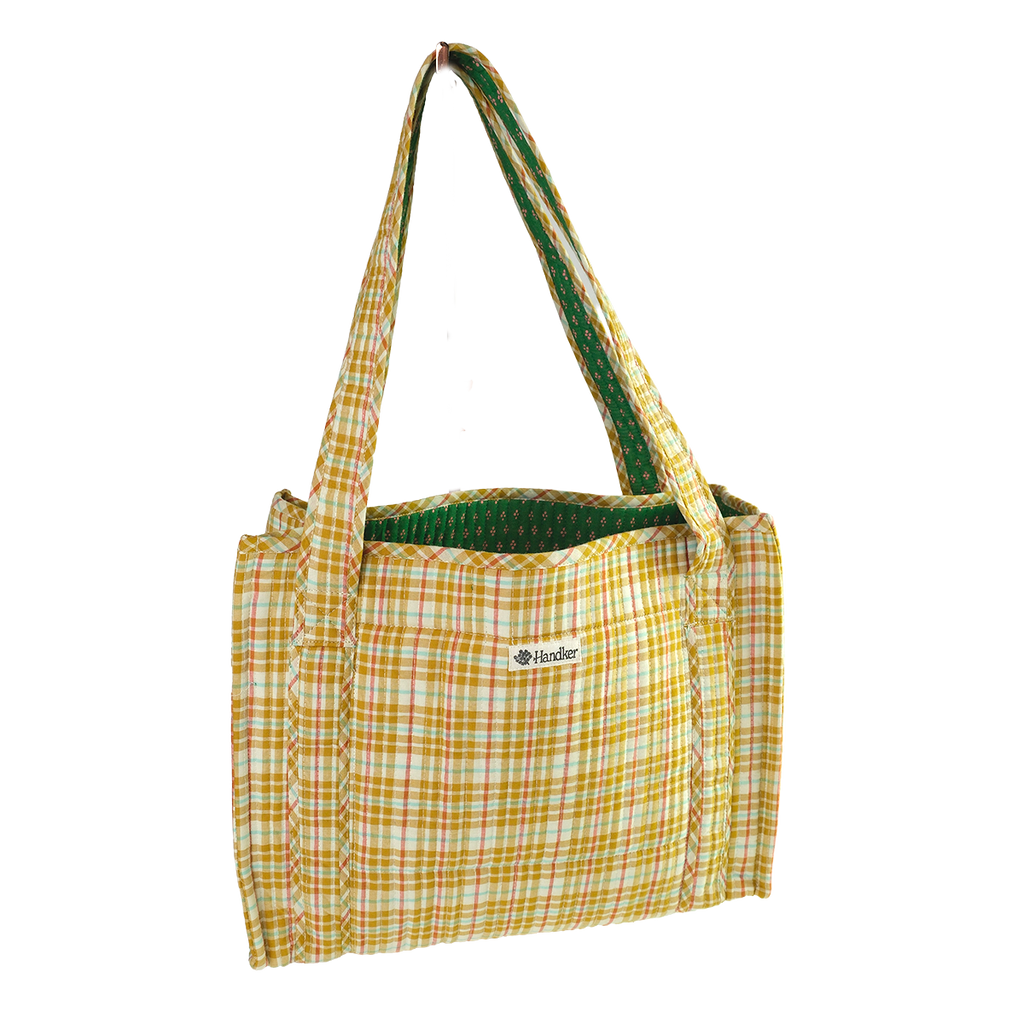 Marmee Quilted Tote – Gold & Mauve Plaid