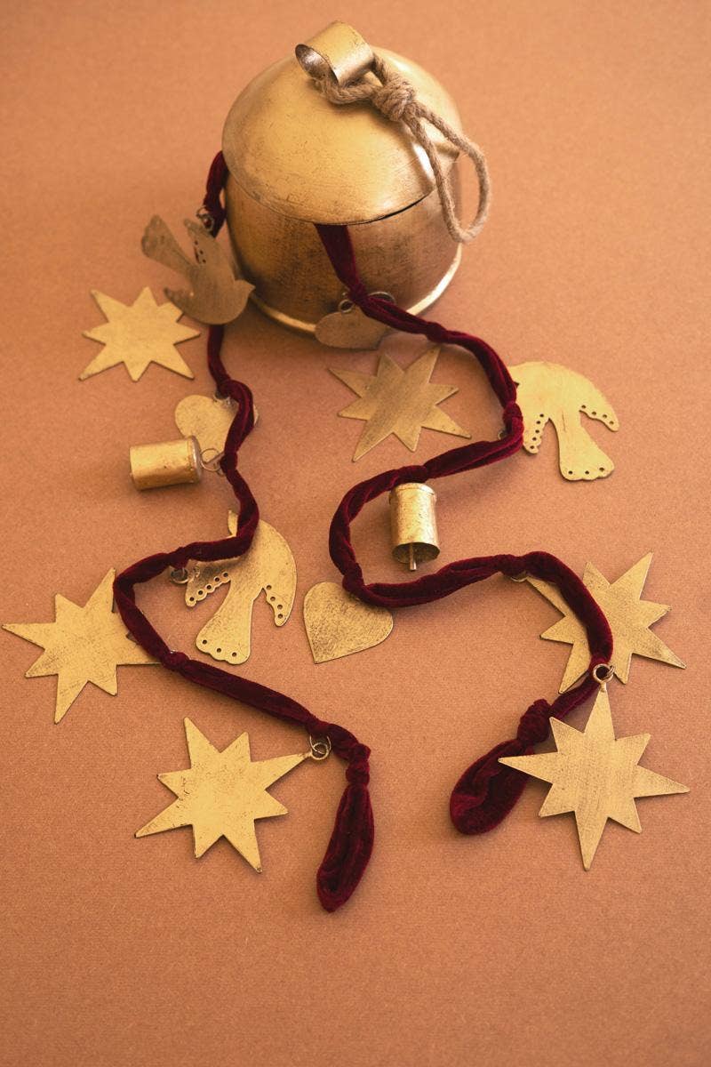 Gold Christmas Charm Garland with Maroon Velvet Ribbon – 64-Inch