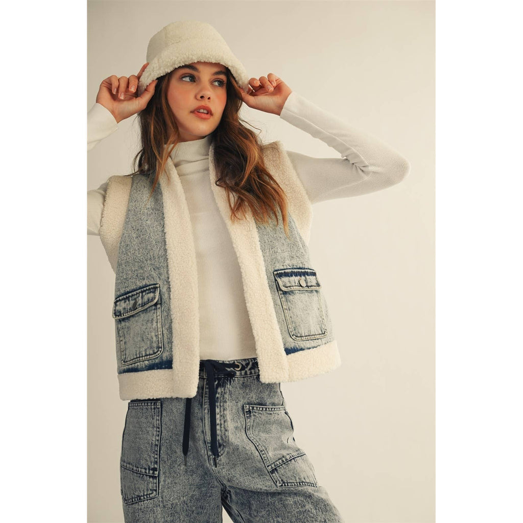 Washed Vintage Denim Fleece Vest