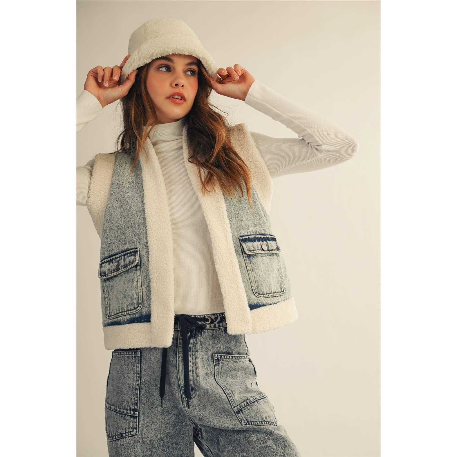 Washed Vintage Denim Fleece Vest