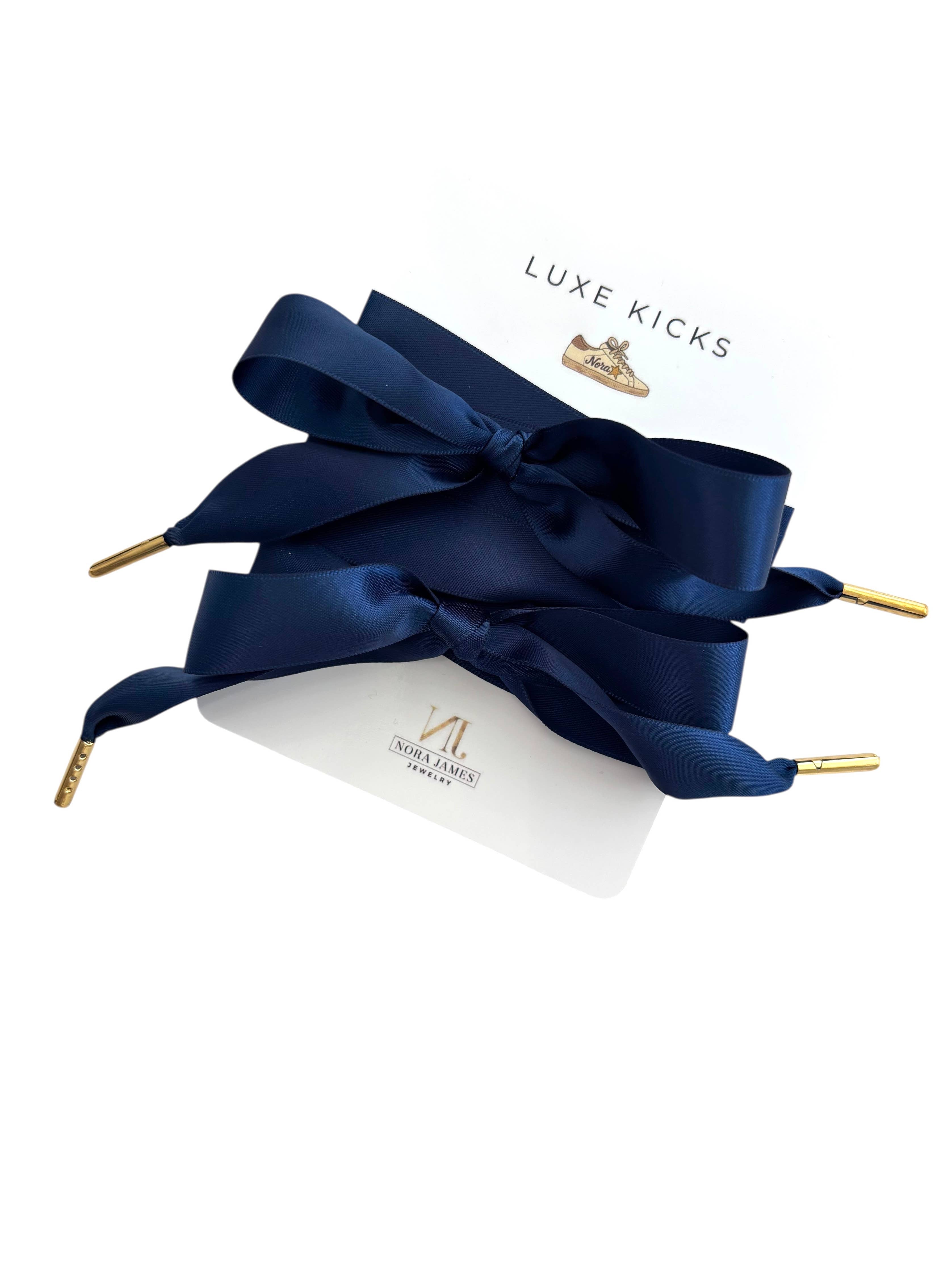 Luxe Kicks Ribbon Shoelaces with Rhinestone Brooch - Navy Crush