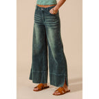 Vintage Teal Wide Leg Flare Corduroy Pants with Side Slits