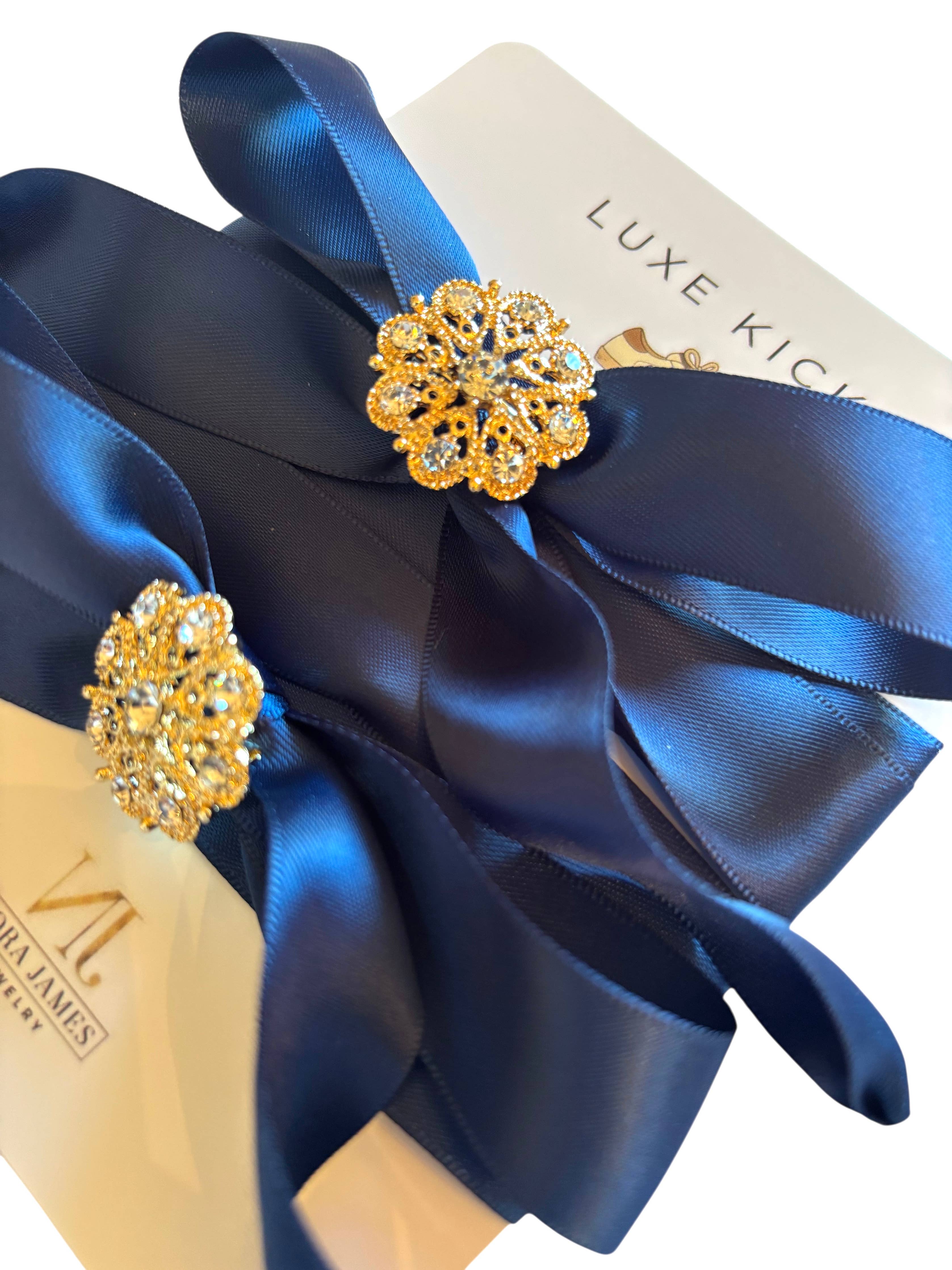 Luxe Kicks Ribbon Shoelaces with Rhinestone Brooch - Navy Crush