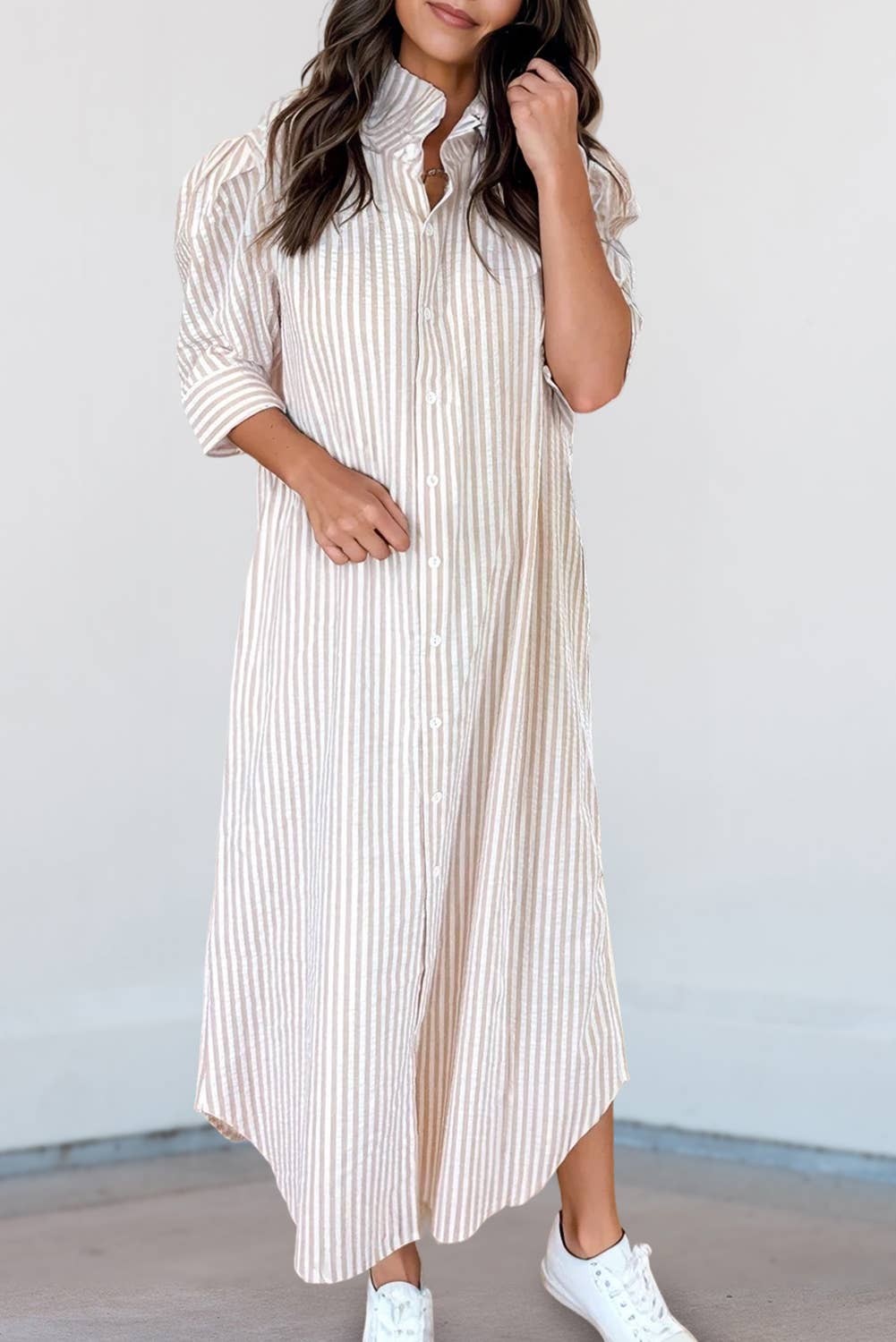 Stripe Frill Collar Shirt Maxi Dress