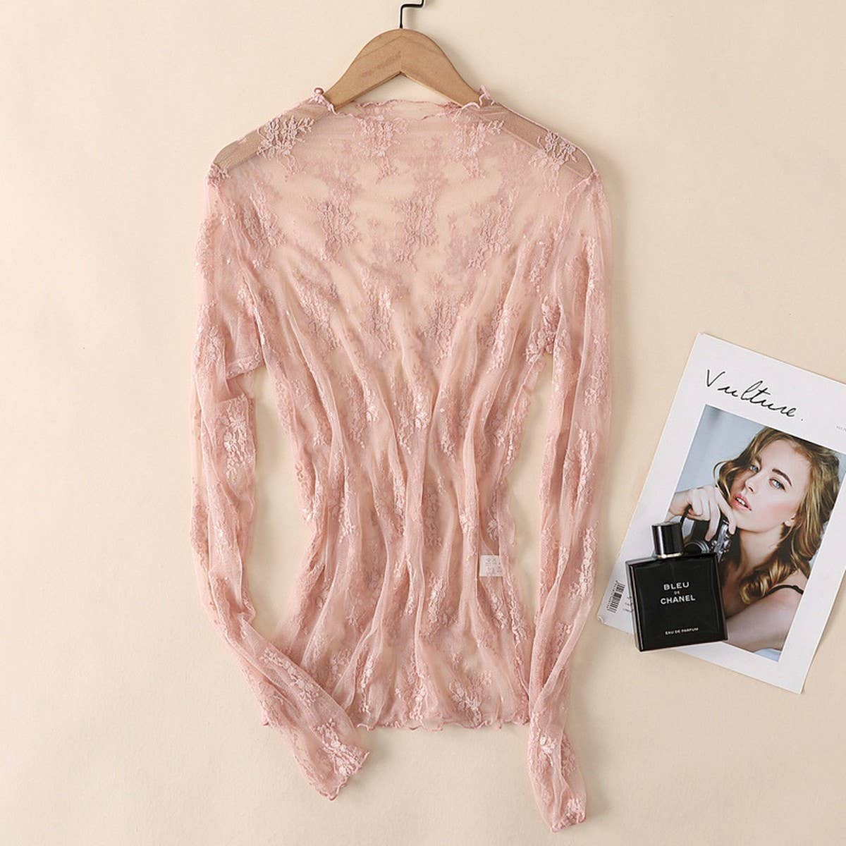 Sheer Lace Mesh Long Sleeve Top