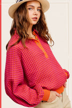 Two-Toned Textured Snap Pullover