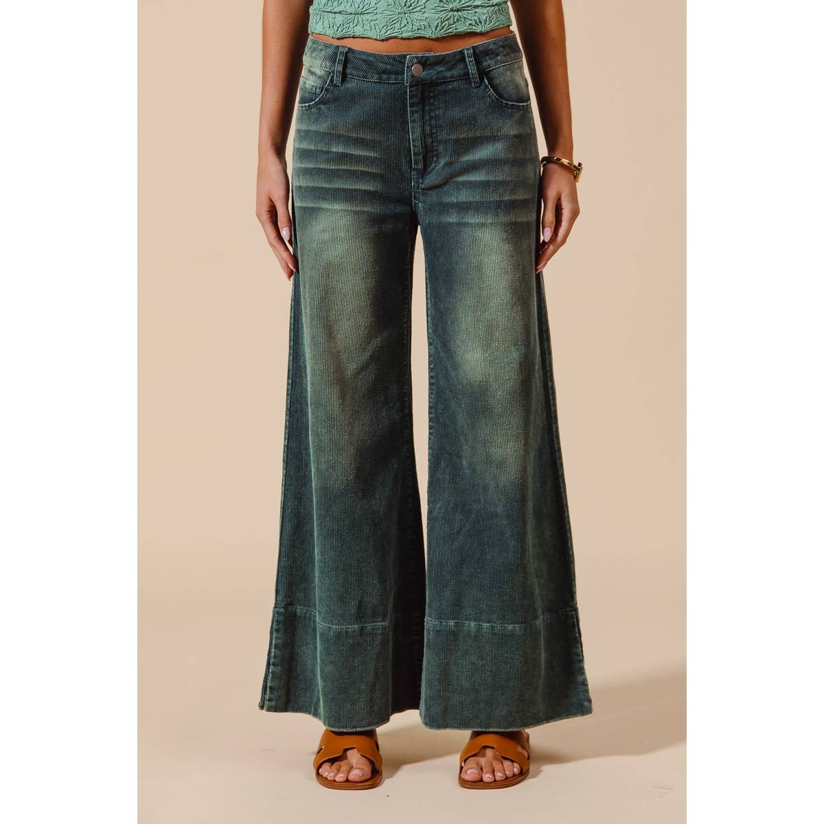 Vintage Teal Wide Leg Flare Corduroy Pants with Side Slits