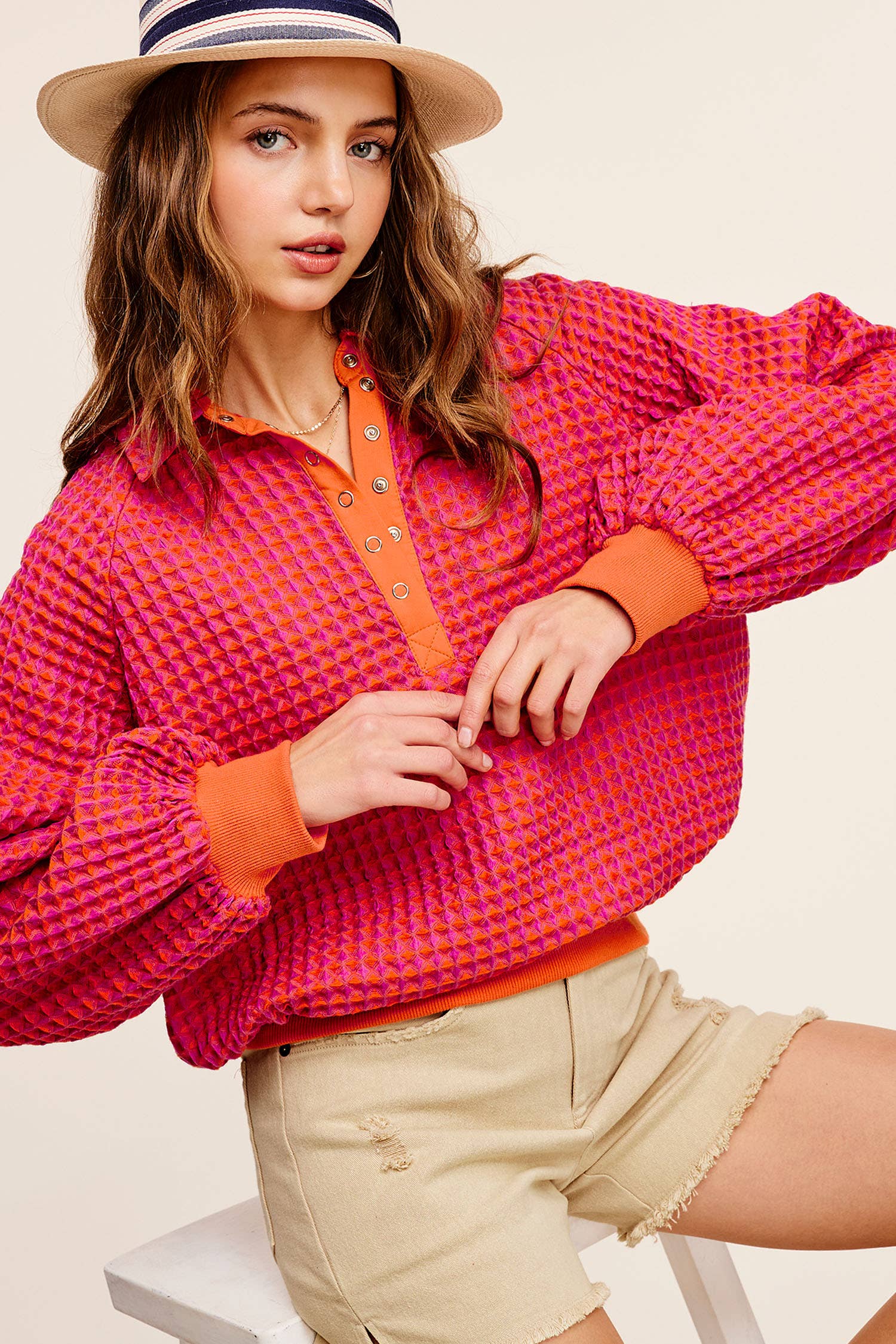 Two-Toned Textured Snap Pullover