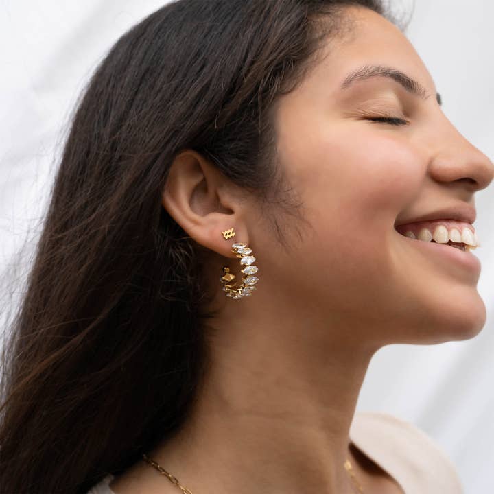 18K Gold CZ Stone Hoop Earrings