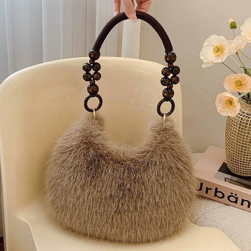 Fluffy Beaded Handle Shoulder Bag
