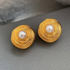 Gold Spiral Pearl Stud Earrings