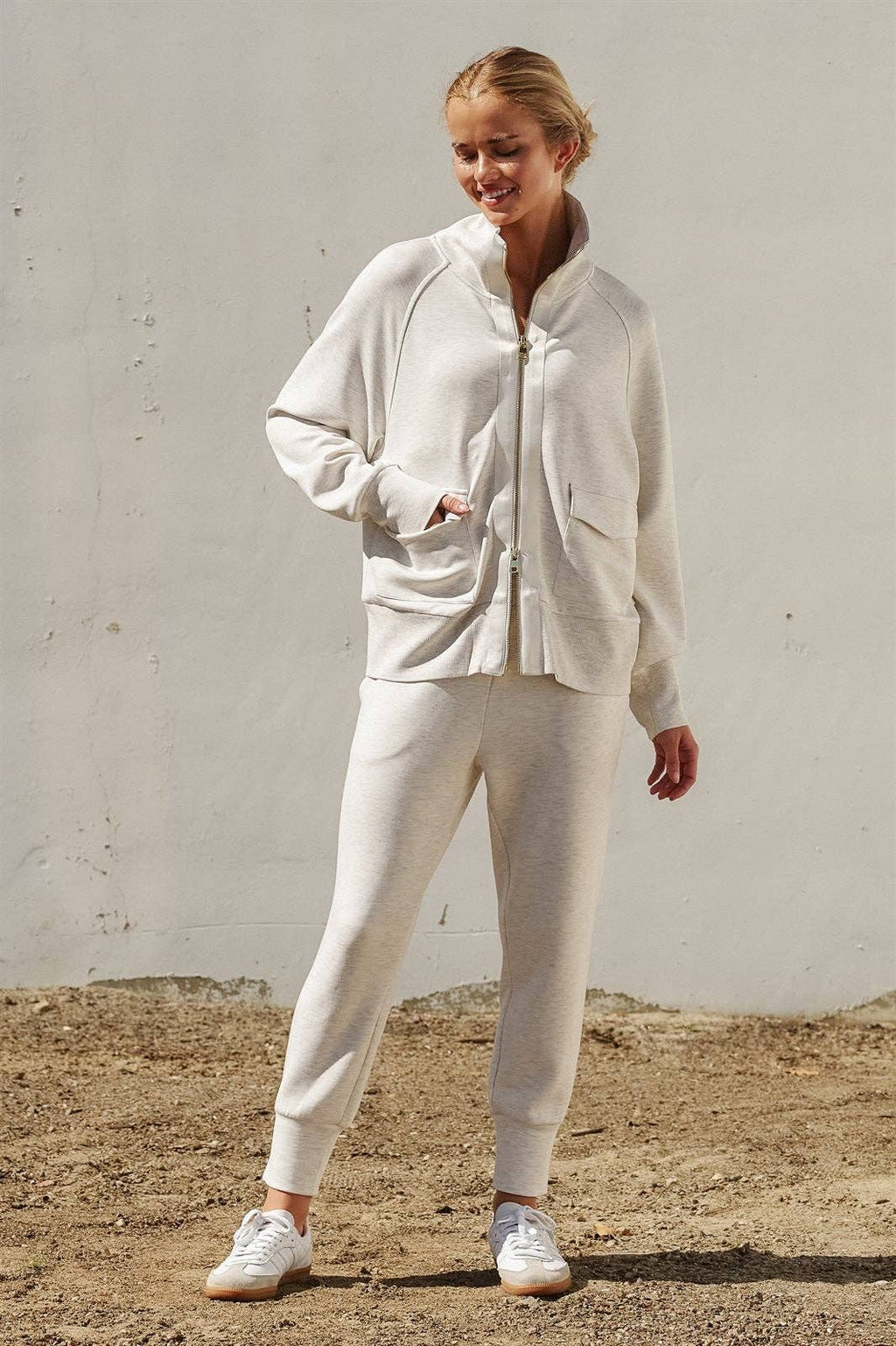 Oatmeal Scuba Knit Track Bomber Jacket