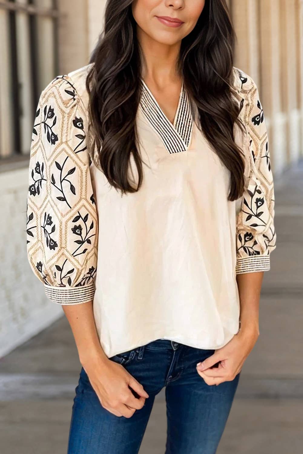 V Neck Floral Sleeve Contrast Blouse