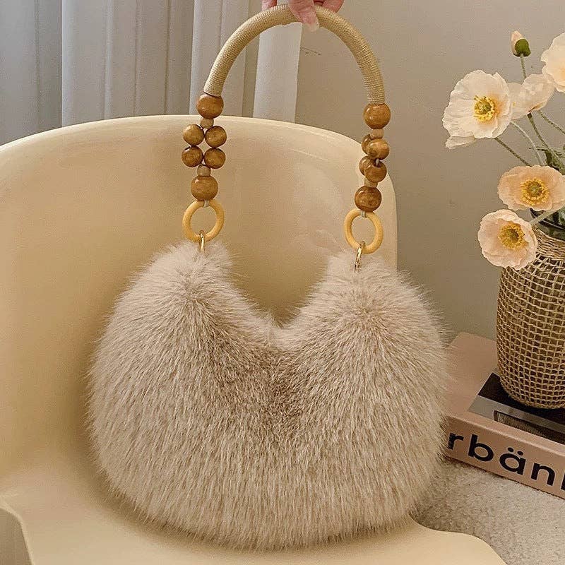 Fluffy Beaded Handle Shoulder Bag