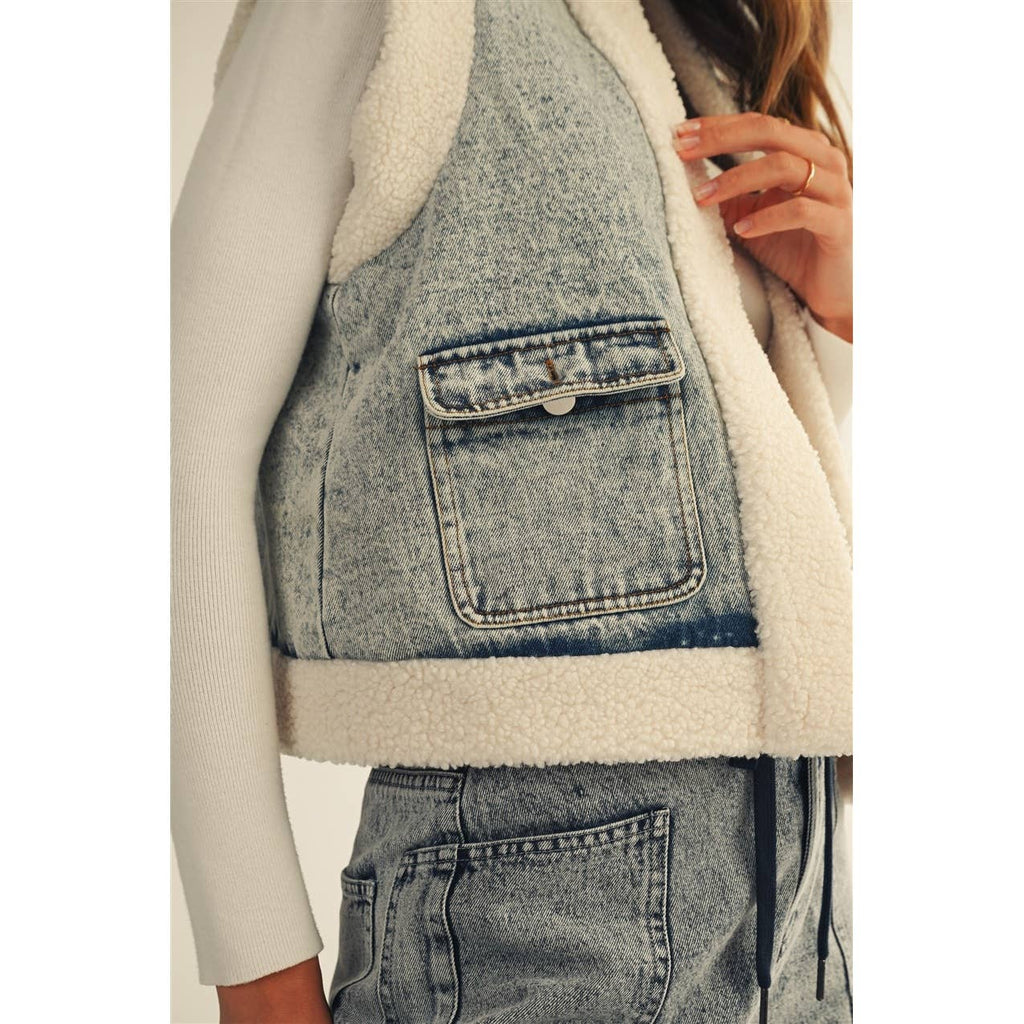 Washed Vintage Denim Fleece Vest