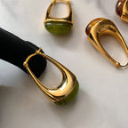 Amber Olive Resin Teardrop Earrings - Gold Framed Studs