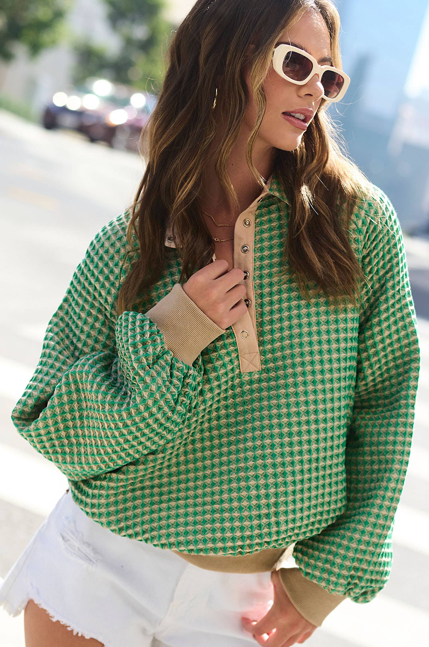 Two-Toned Textured Snap Pullover