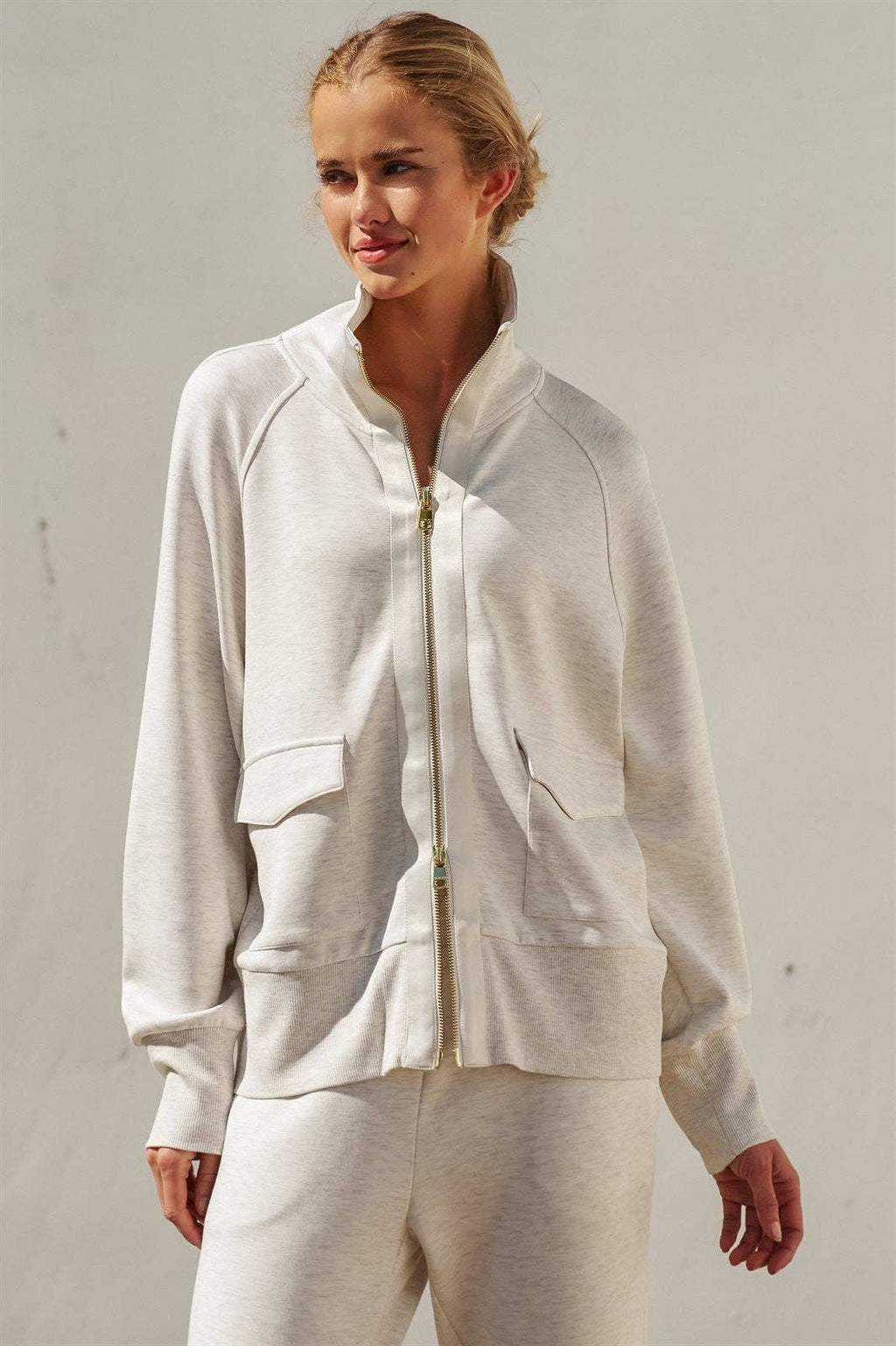 Oatmeal Scuba Knit Track Bomber Jacket