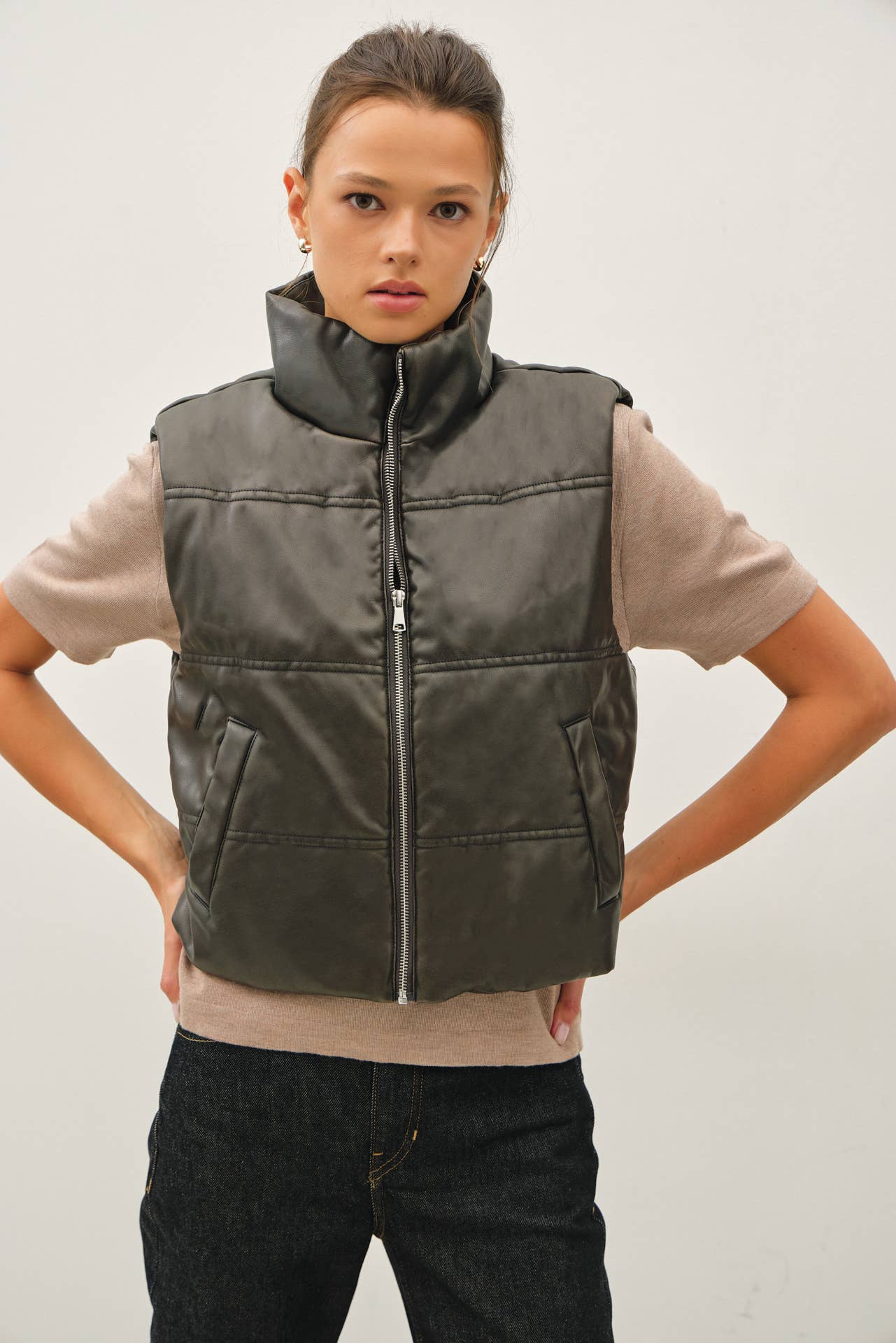 Women’s Cropped Faux Leather Puffer Vest
