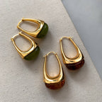 Amber Olive Resin Teardrop Earrings - Gold Framed Studs