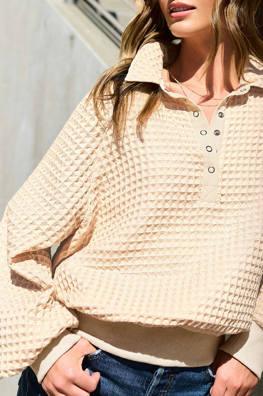 Two-Toned Textured Snap Pullover