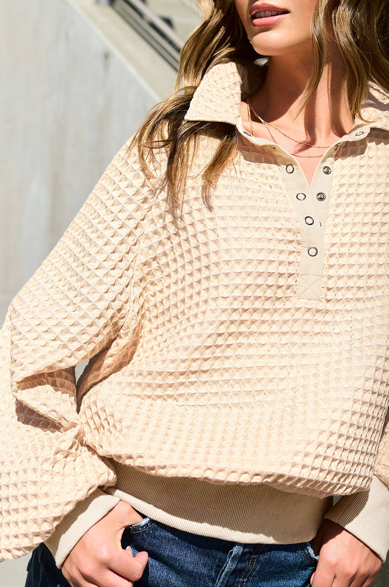 Two-Toned Textured Snap Pullover
