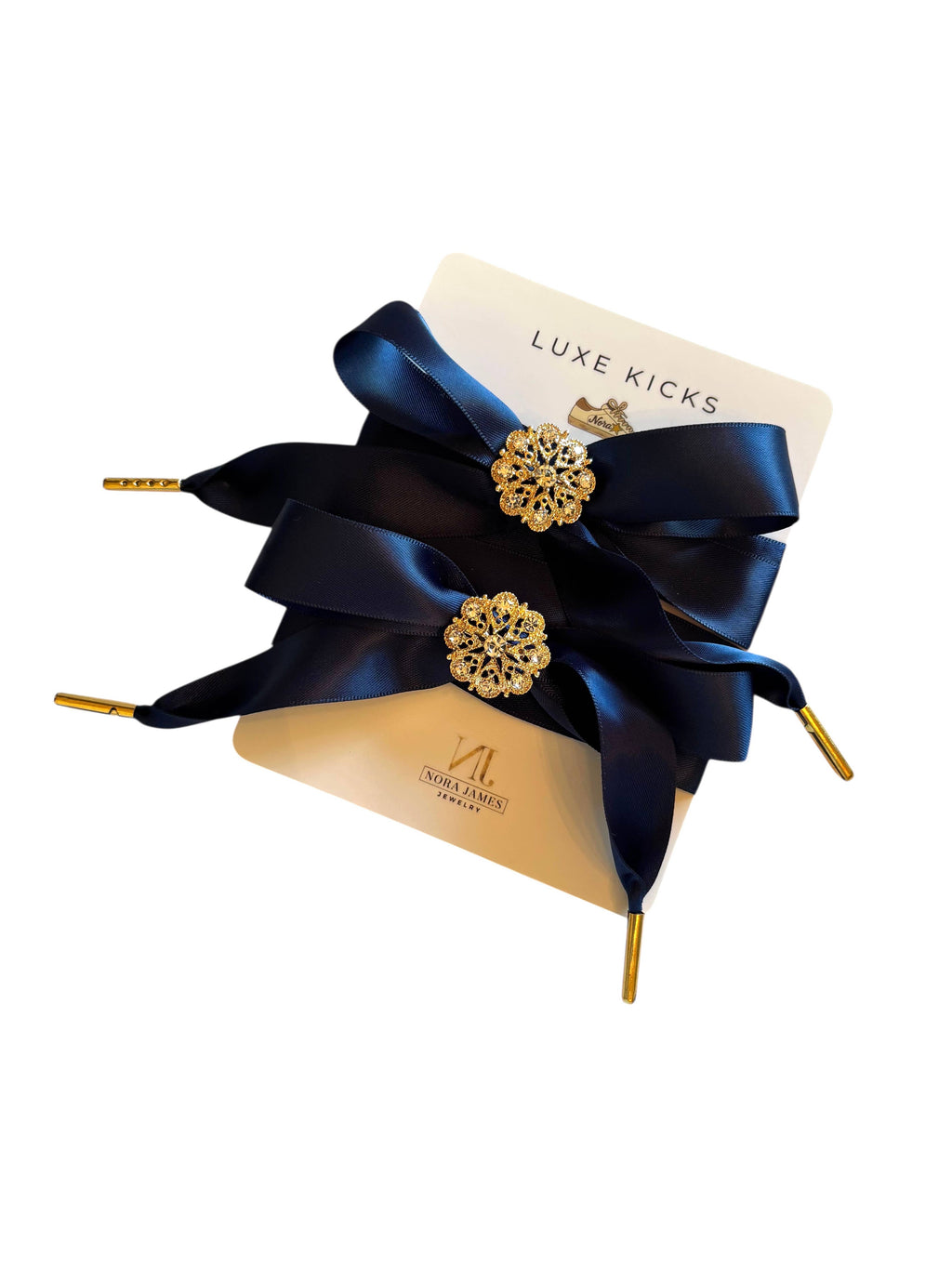 Luxe Kicks Ribbon Shoelaces with Rhinestone Brooch - Navy Crush
