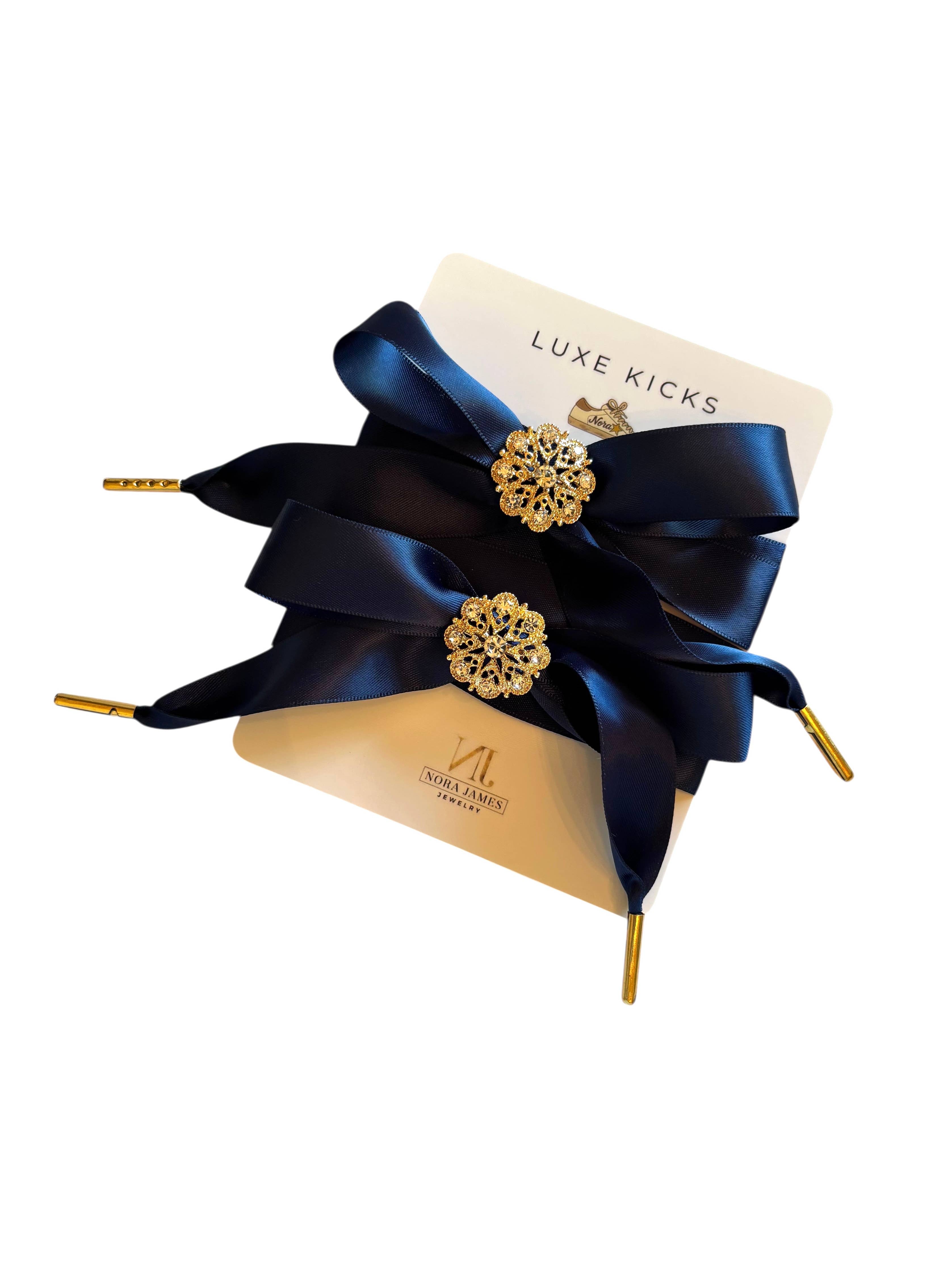 Luxe Kicks Ribbon Shoelaces with Rhinestone Brooch - Navy Crush