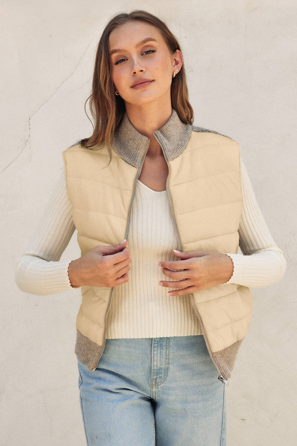 Sherpa & Puff Contrast Zip Vest- Cream Oat