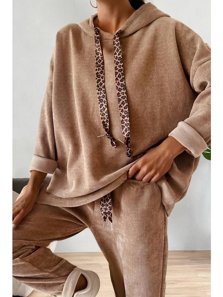 Drawstring Pullover Hoodie and High Waist Pants Corduroy Set
