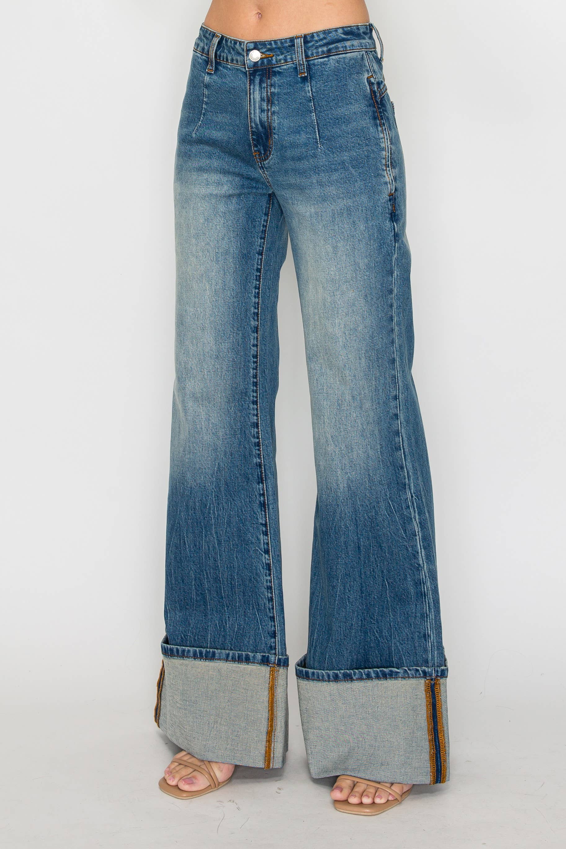 Premium Mid-Rise Cuffed Flare Jeans