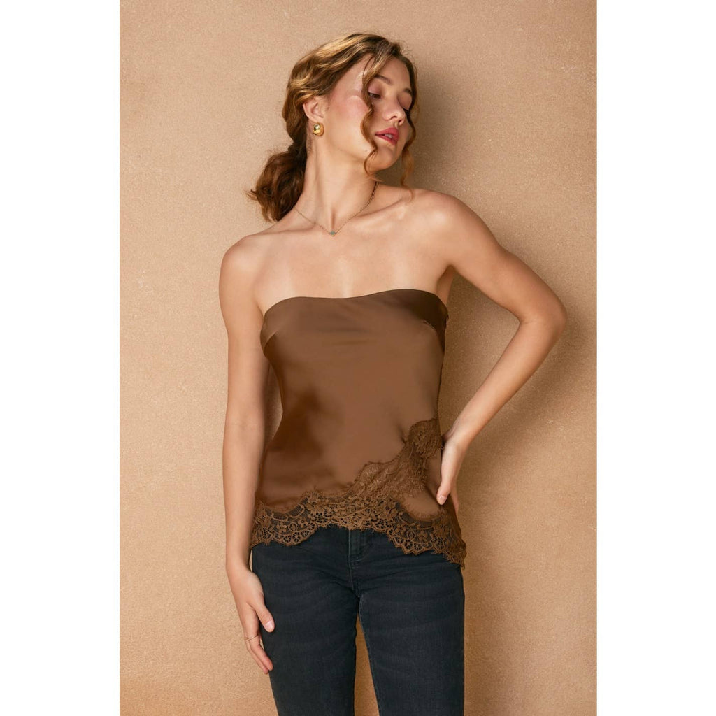 Satin Lace Hem Strapless Top