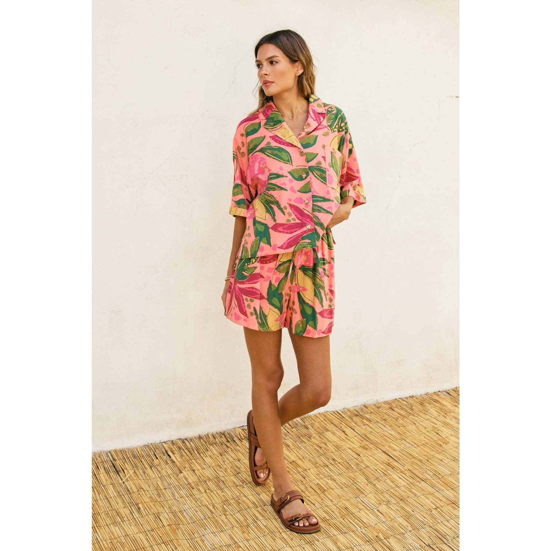 Just Like Paradise Linen Blend Shirt & Shorts Set - Pink Rio