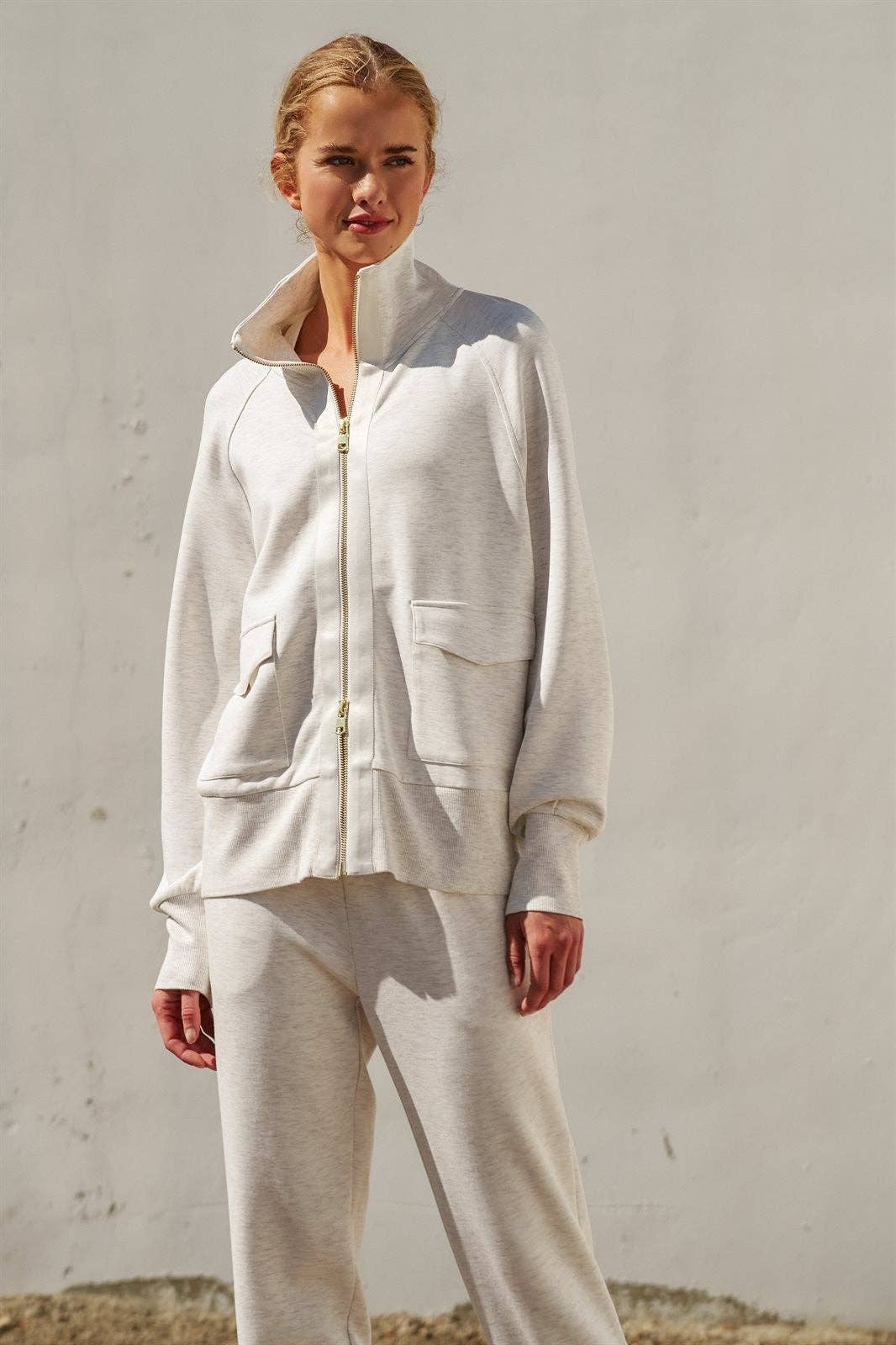Oatmeal Scuba Knit Track Bomber Jacket