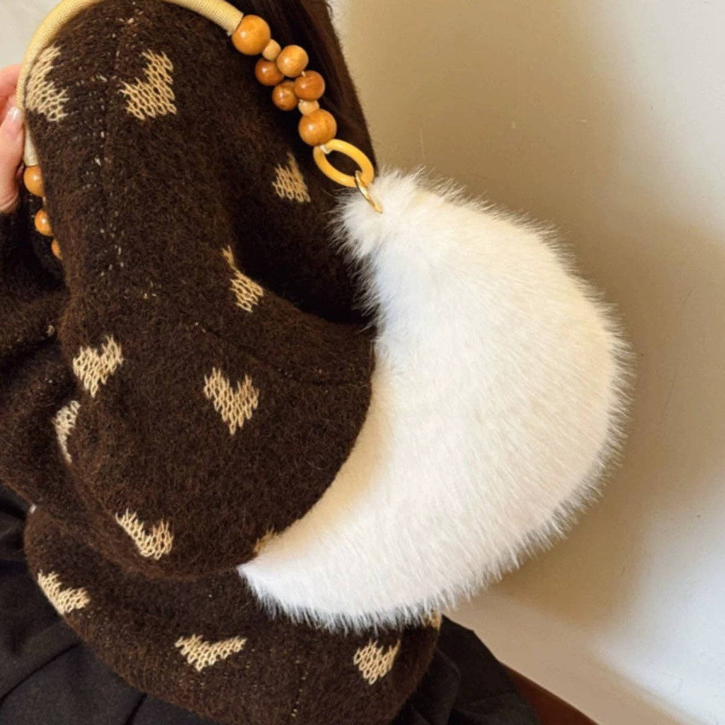 Fluffy Beaded Handle Shoulder Bag