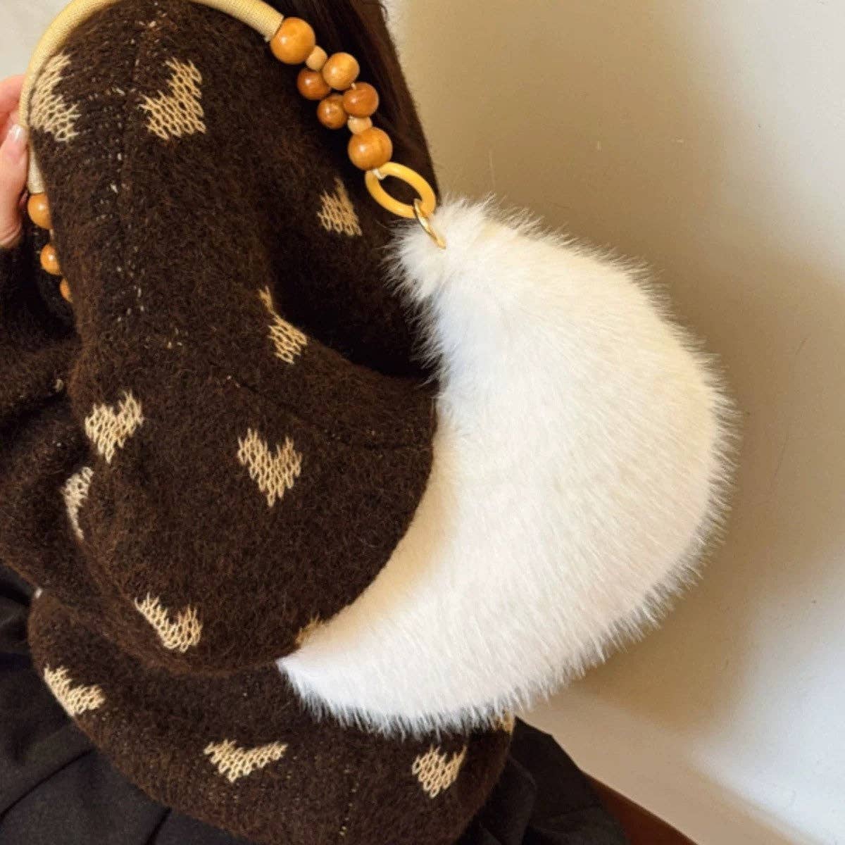Fluffy Beaded Handle Shoulder Bag