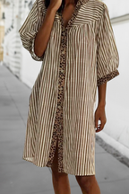 Leopard Trim Striped Mini Shirt Dress