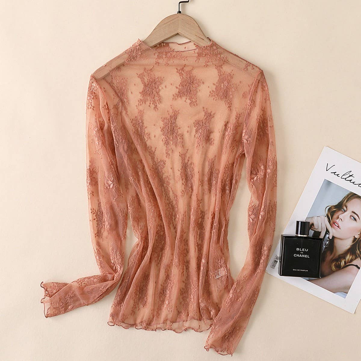 Sheer Lace Mesh Long Sleeve Top