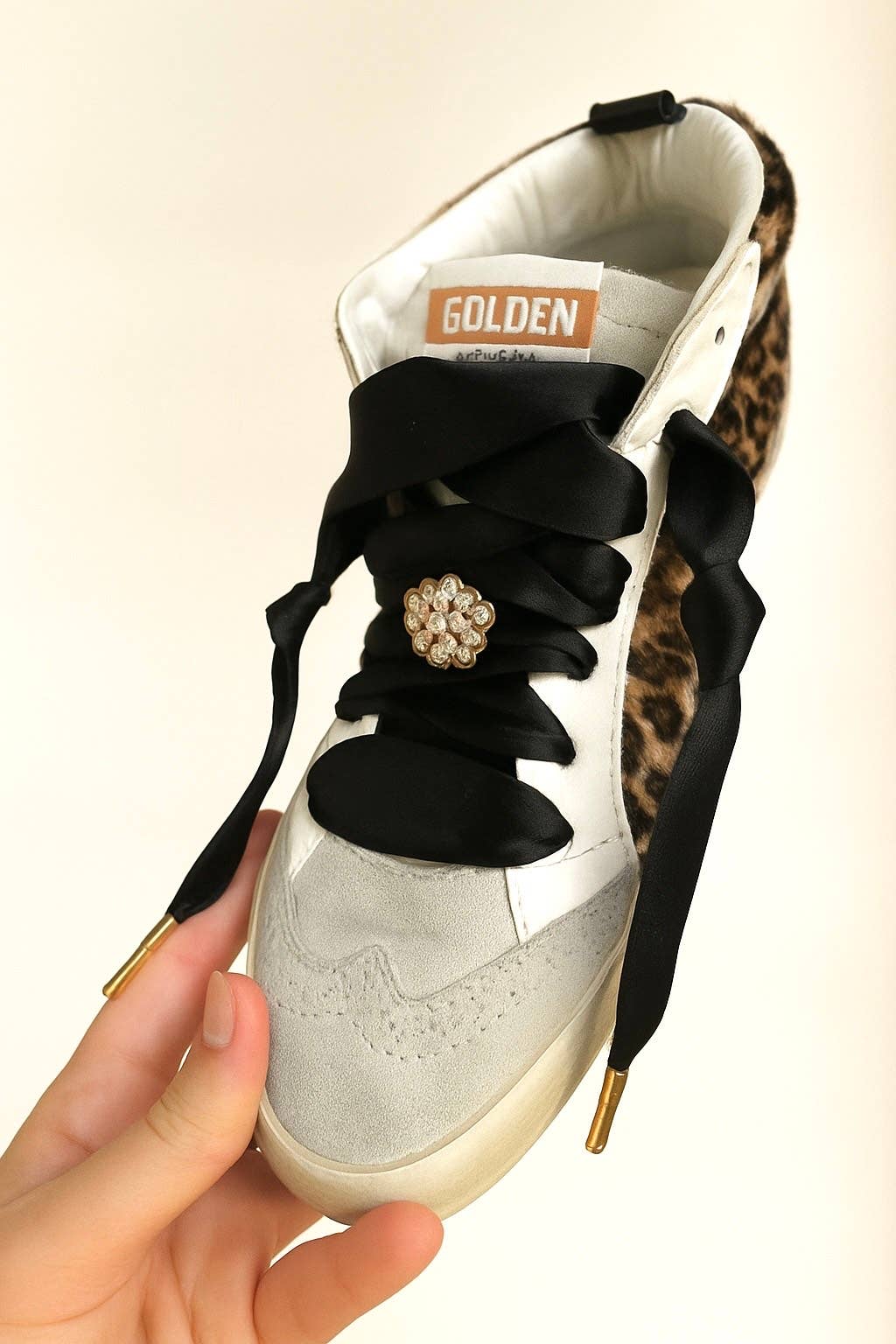 Designer-Inspired Satin Shoelaces with Rhinestone Brooch - Black Tie