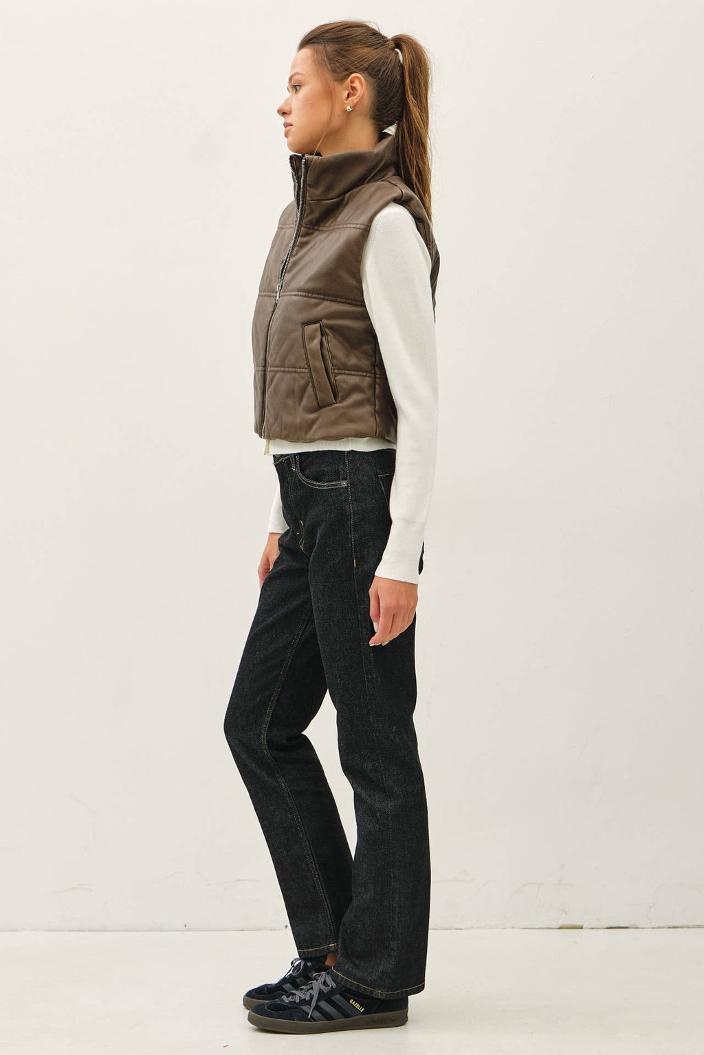 Women’s Cropped Faux Leather Puffer Vest