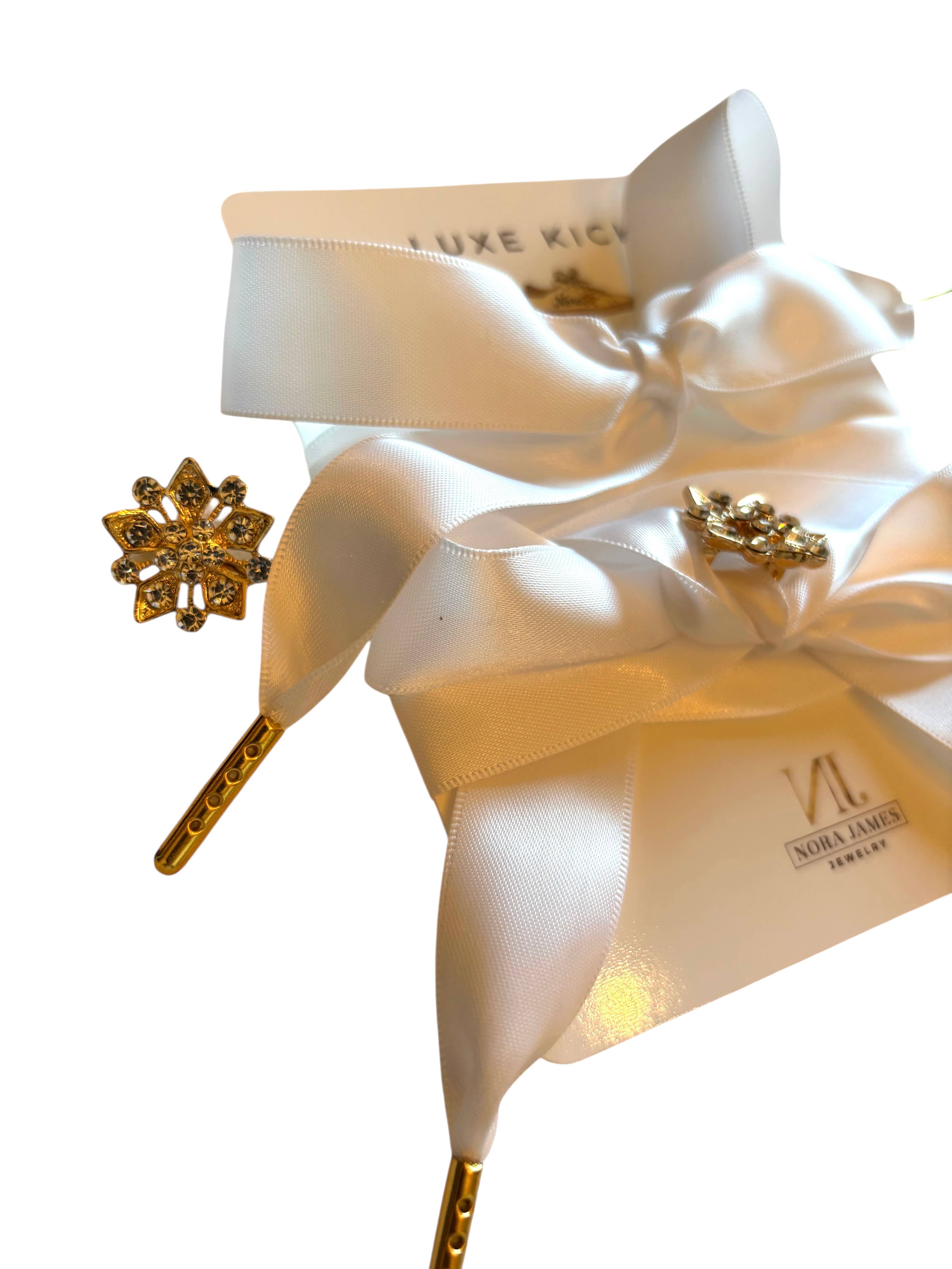 Luxe Kicks Ribbon with Rhinestone Brooch - Snow Glow White
