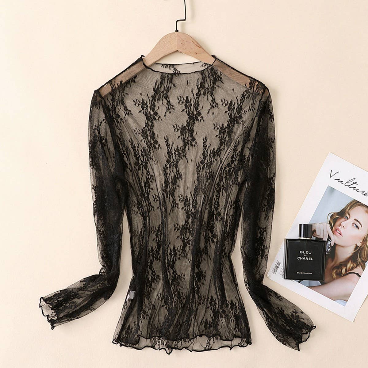 Sheer Lace Mesh Long Sleeve Top