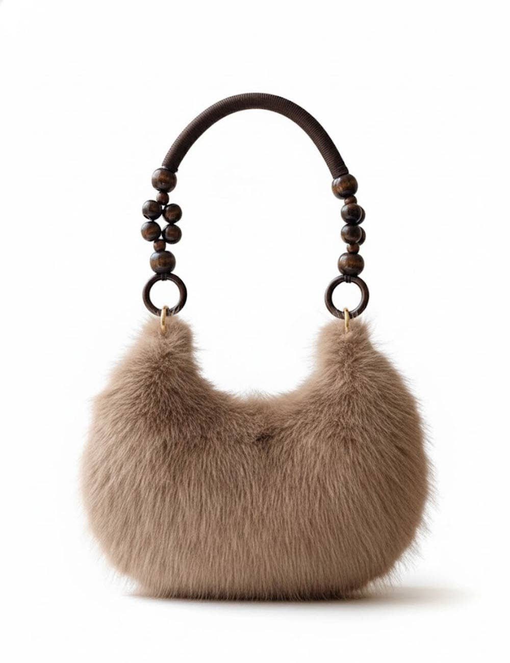 Fluffy Beaded Handle Shoulder Bag