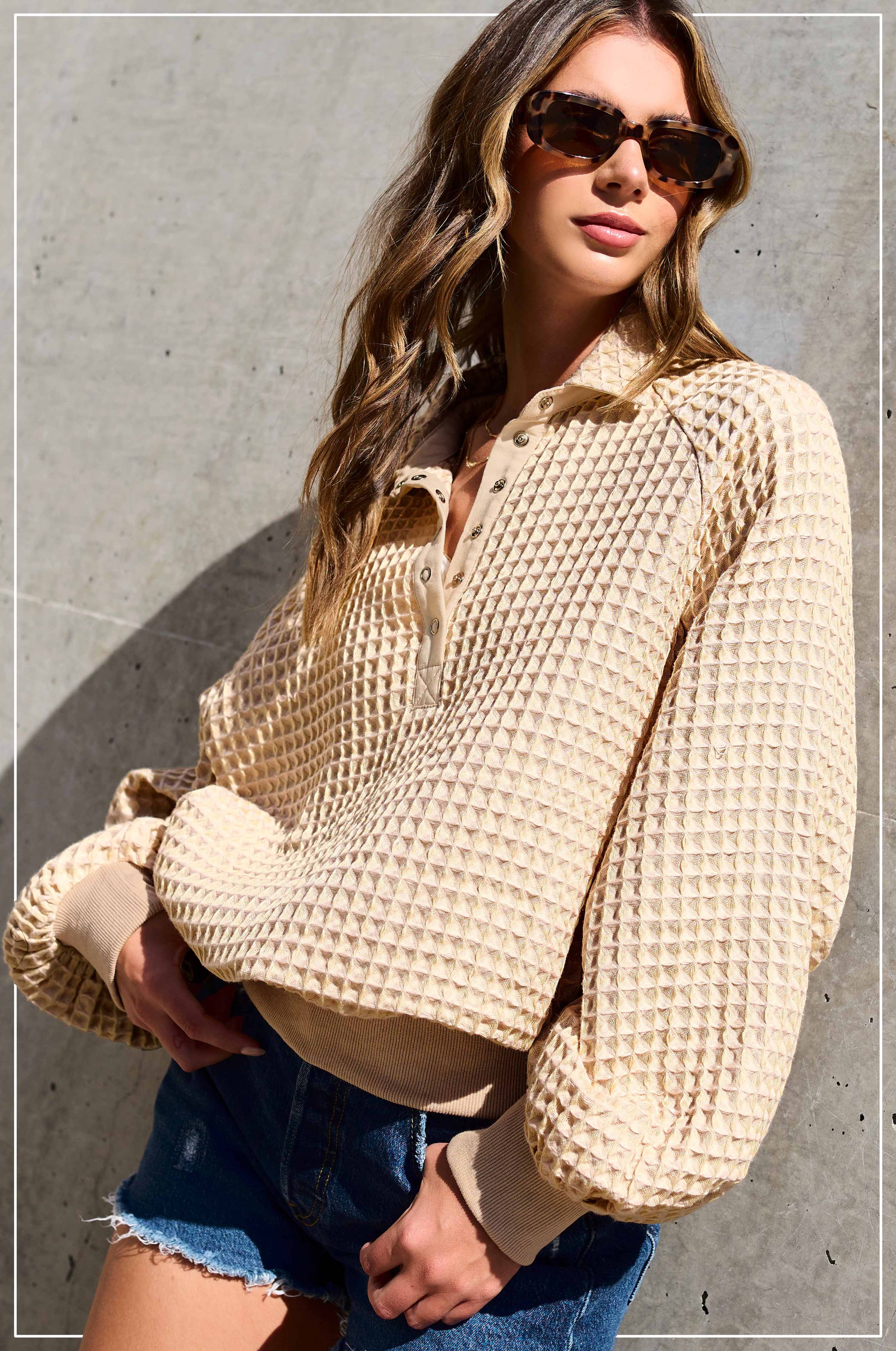 Two-Toned Textured Snap Pullover