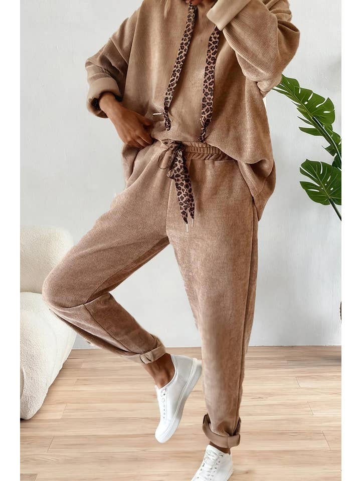 Drawstring Pullover Hoodie and High Waist Pants Corduroy Set