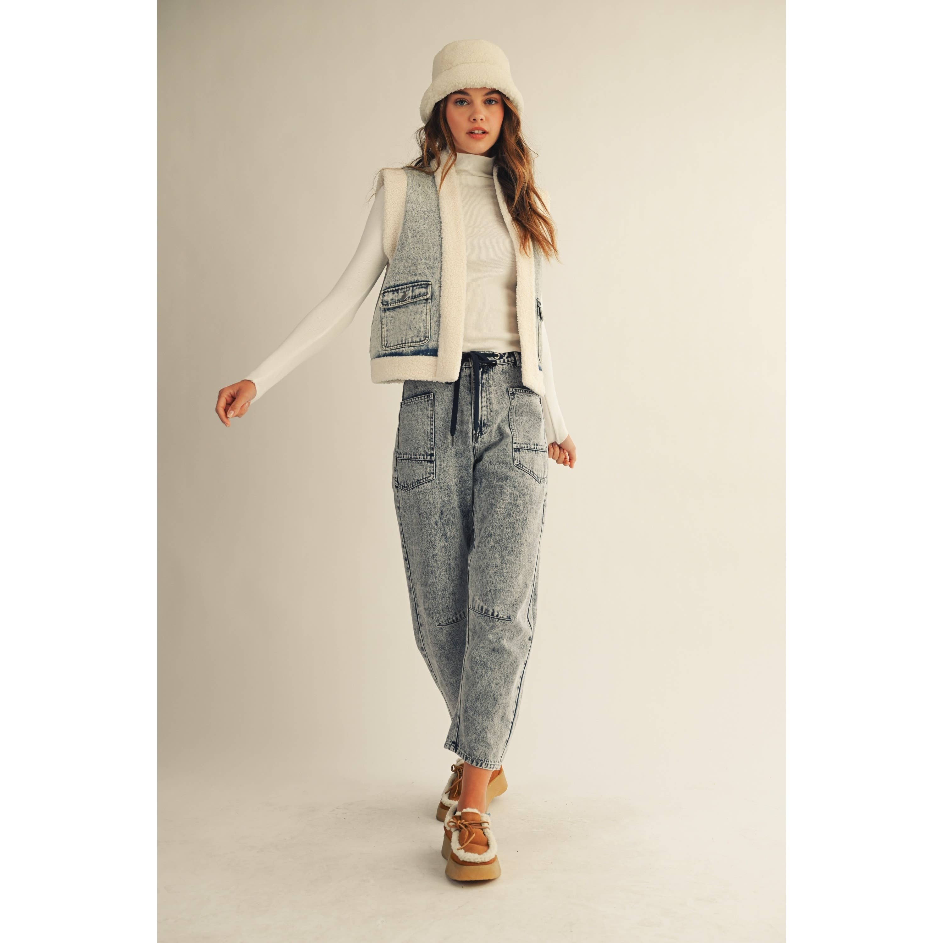 Washed Vintage Denim Fleece Vest