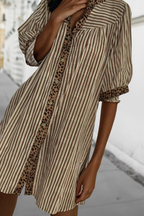 Leopard Trim Striped Mini Shirt Dress